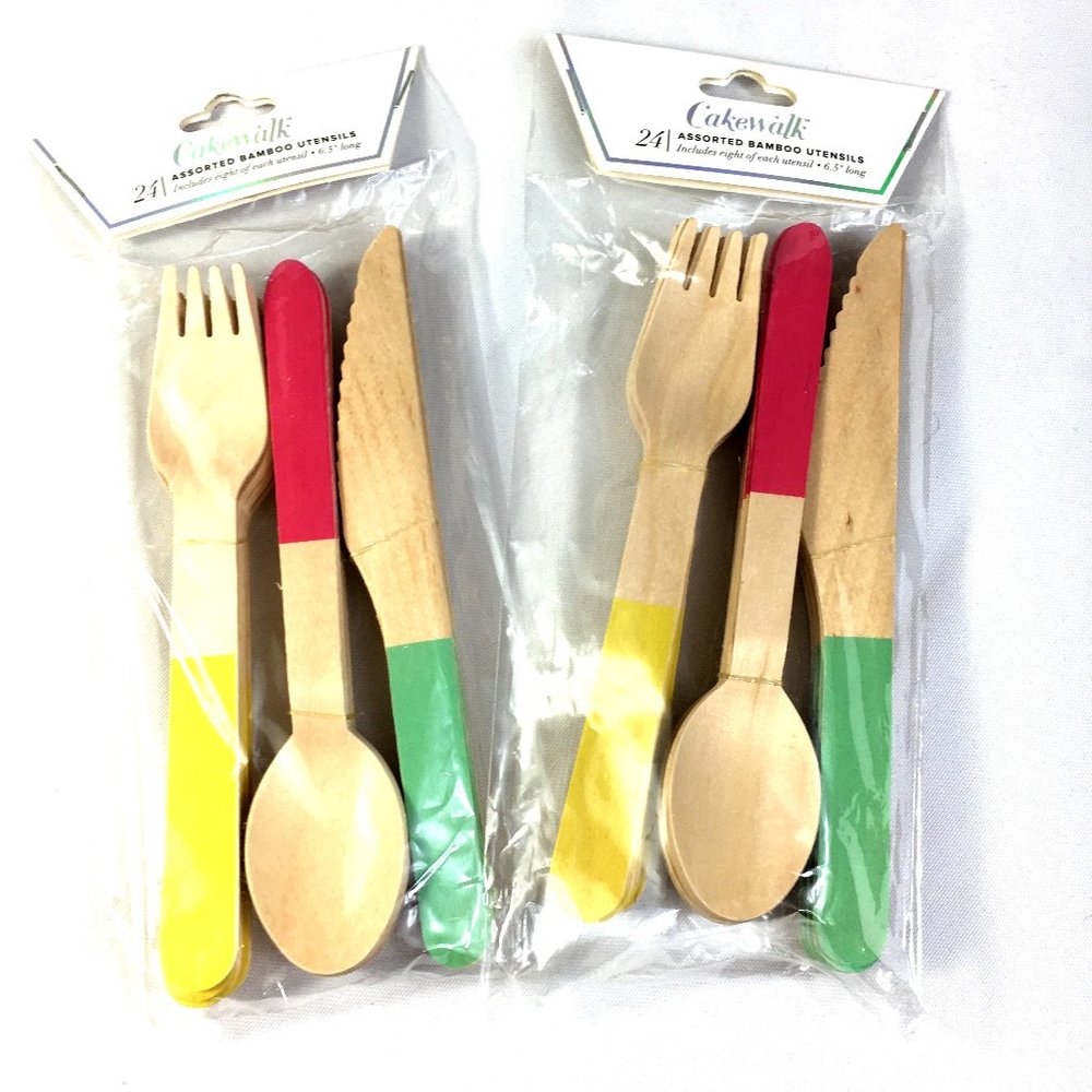 Cakewalk Lot of 2 Bamboo Disposable Flatwear Forks Knives and Spoons NWT